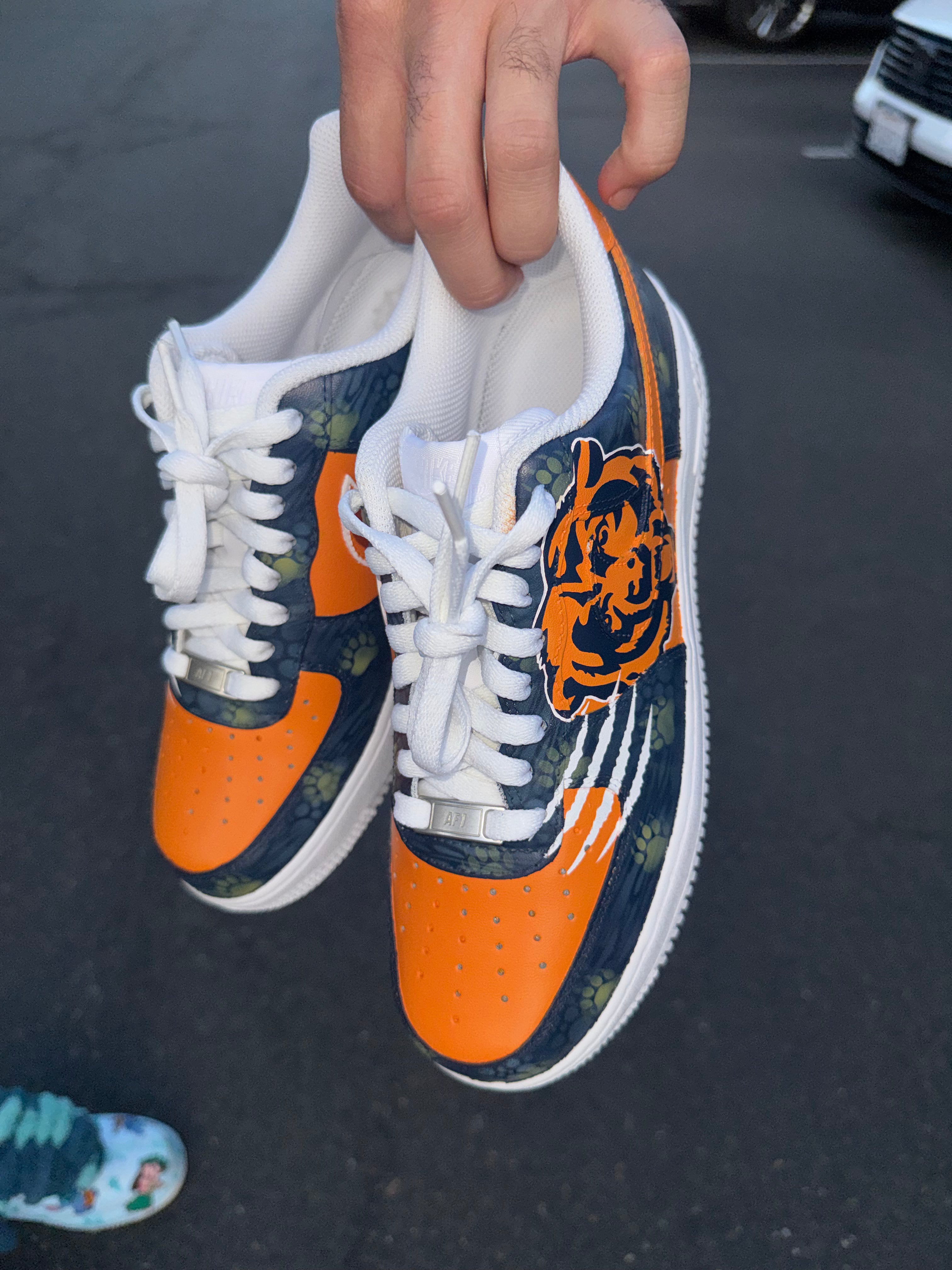 Orange & Navy Custom Football-Inspired Sneakers | Hand Painted Athletic Art Shoes | Vees Customs Kicks