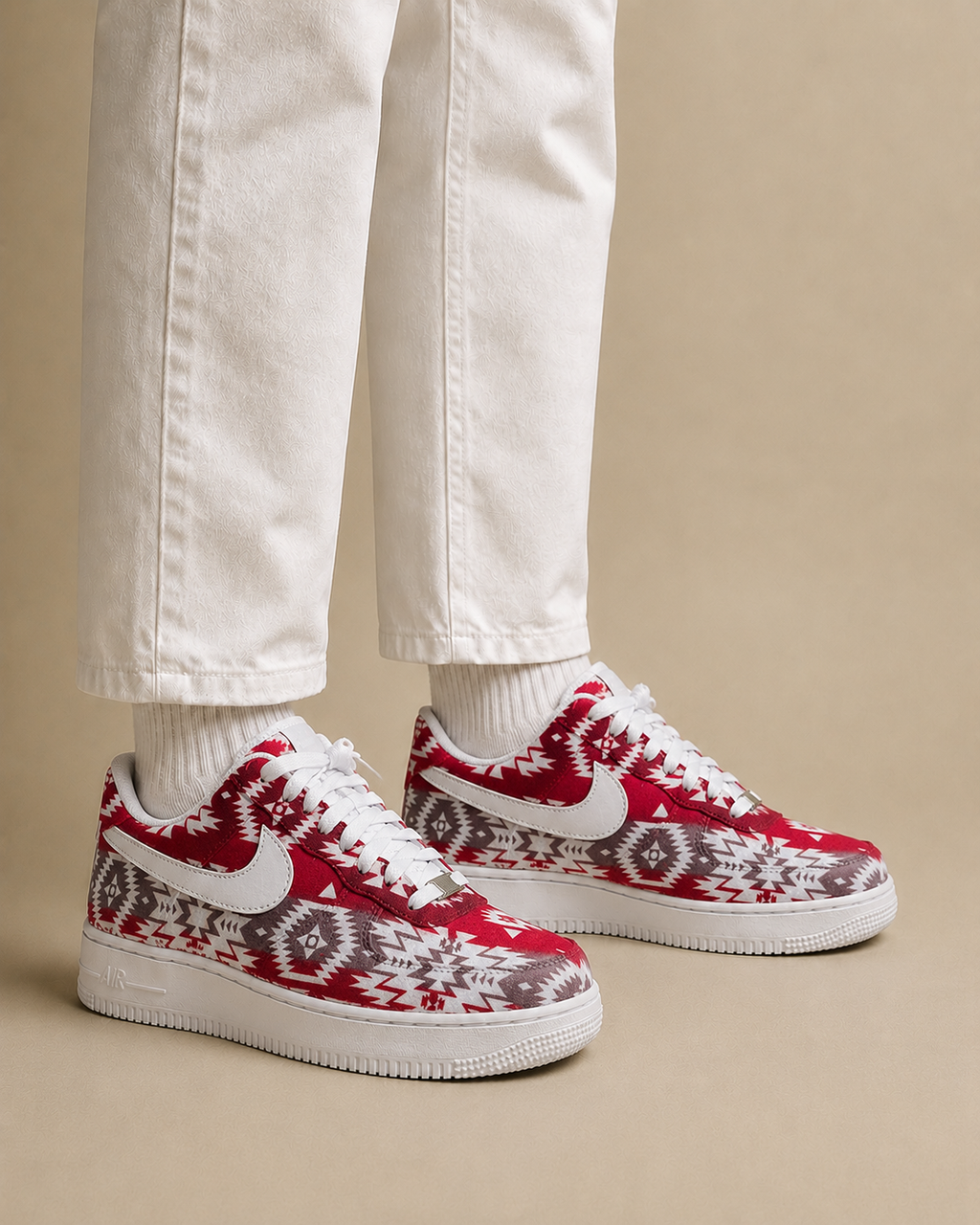 Red Southwestern Pattern Custom Sneakers | Hand Painted Geometric Art Shoes | Vees Customs Kicks
