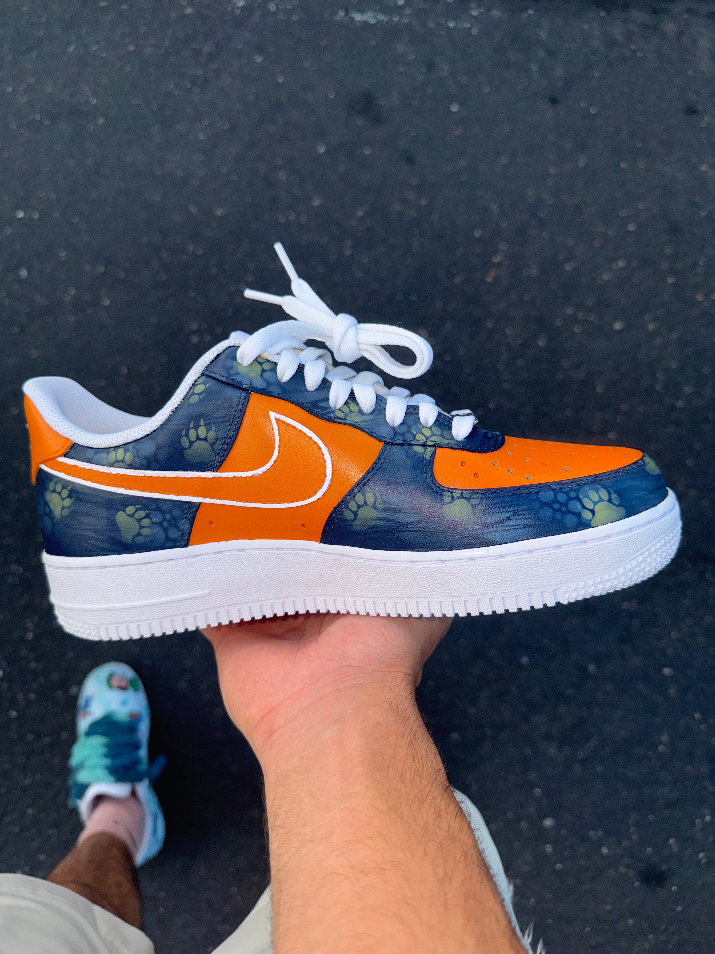 Orange & Navy Custom Football-Inspired Sneakers | Hand Painted Athletic Art Shoes | Vees Customs Kicks