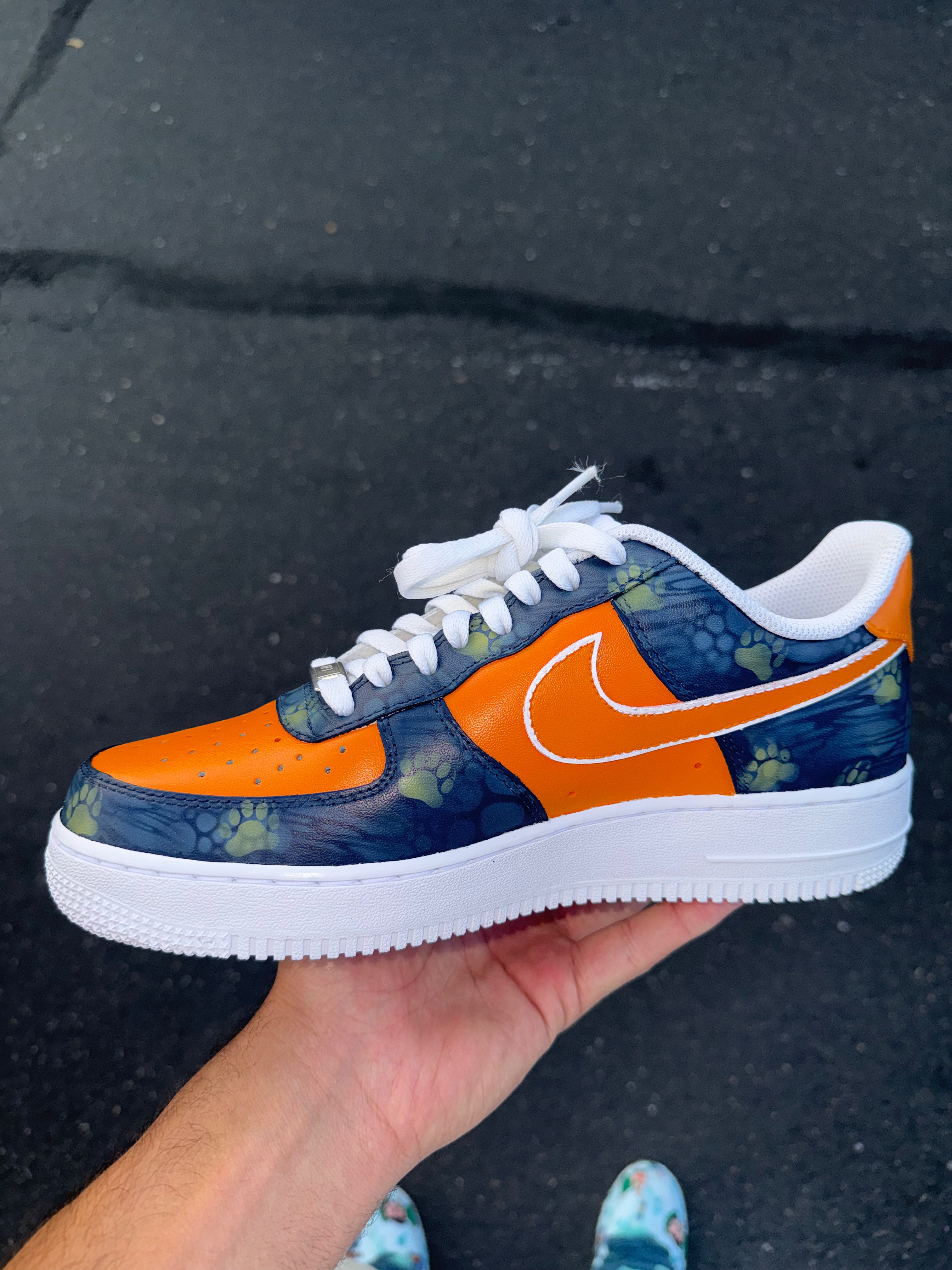 Orange & Navy Custom Football-Inspired Sneakers | Hand Painted Athletic Art Shoes | Vees Customs Kicks