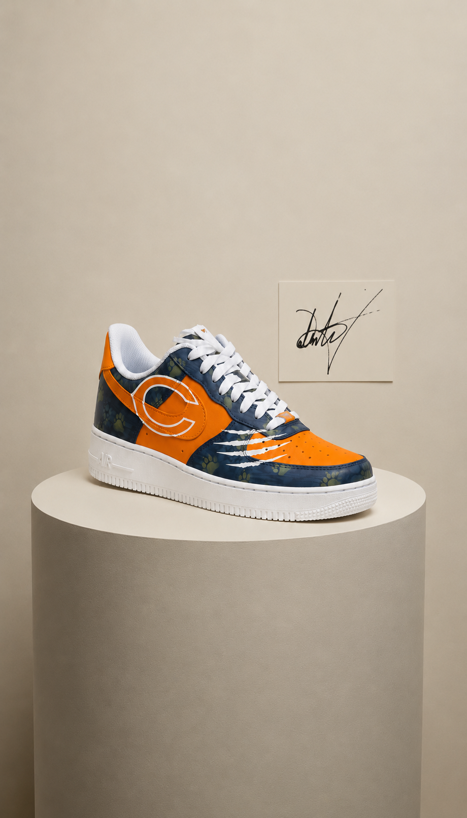 Orange & Navy Custom Football-Inspired Sneakers | Hand Painted Athletic Art Shoes | Vees Customs Kicks