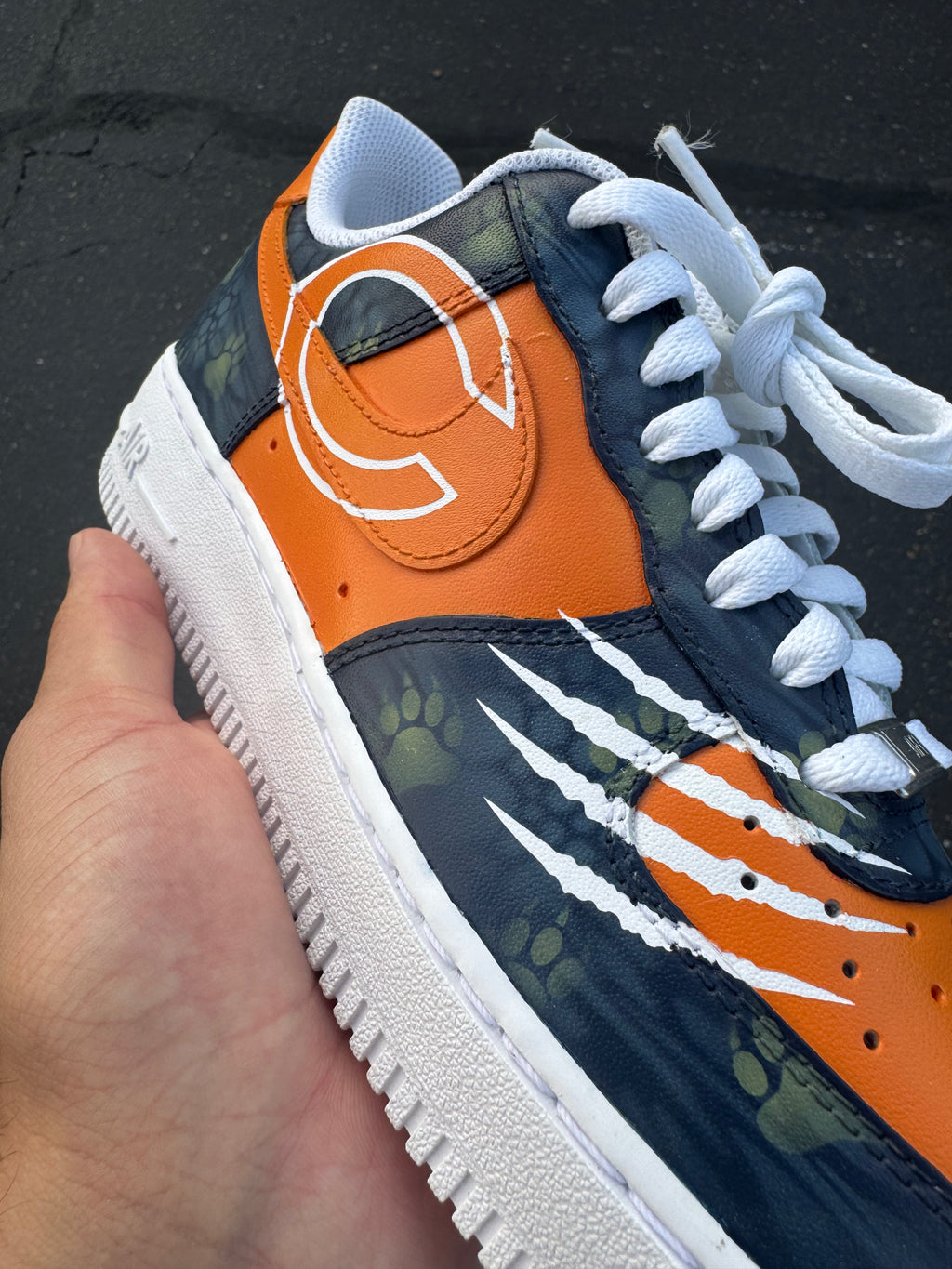 Orange & Navy Custom Football-Inspired Sneakers | Hand Painted Athletic Art Shoes | Vees Customs Kicks