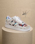 White Fur Geometric Custom Sneakers – Handmade Statement Shoes