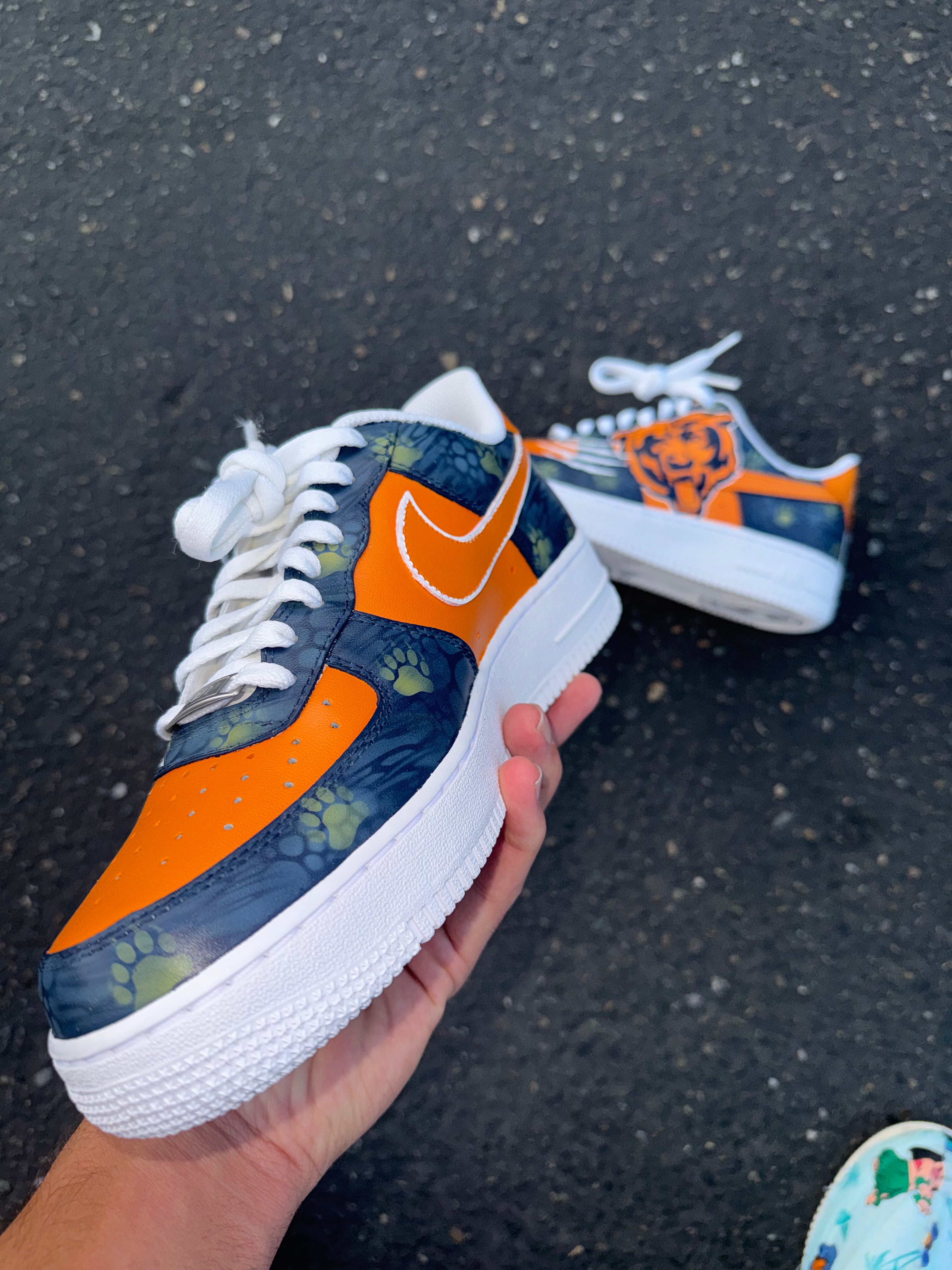 Orange & Navy Custom Football-Inspired Sneakers | Hand Painted Athletic Art Shoes | Vees Customs Kicks