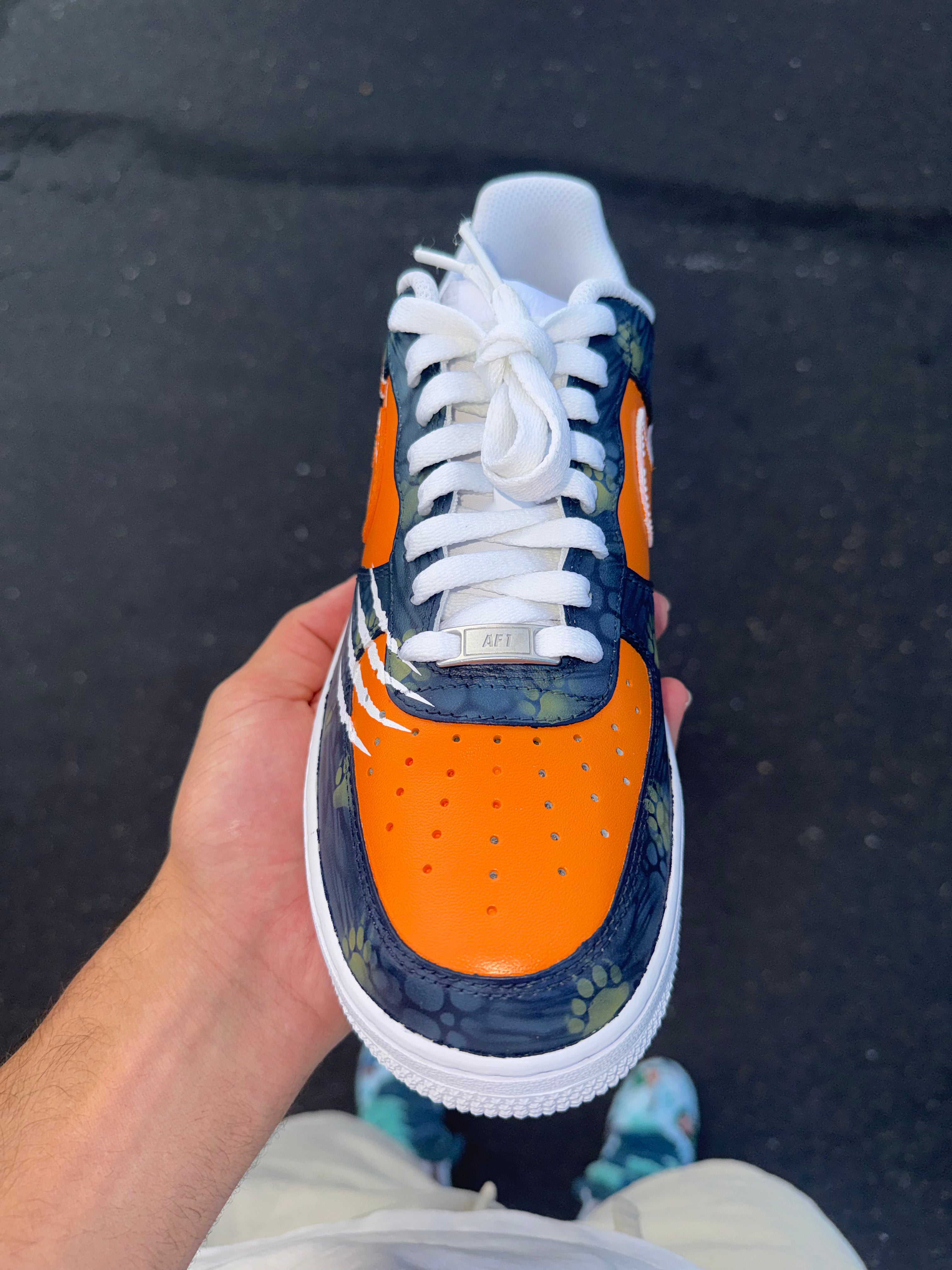 Orange & Navy Custom Football-Inspired Sneakers | Hand Painted Athletic Art Shoes | Vees Customs Kicks