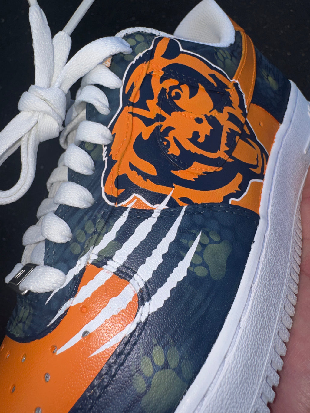 Orange & Navy Custom Football-Inspired Sneakers | Hand Painted Athletic Art Shoes | Vees Customs Kicks