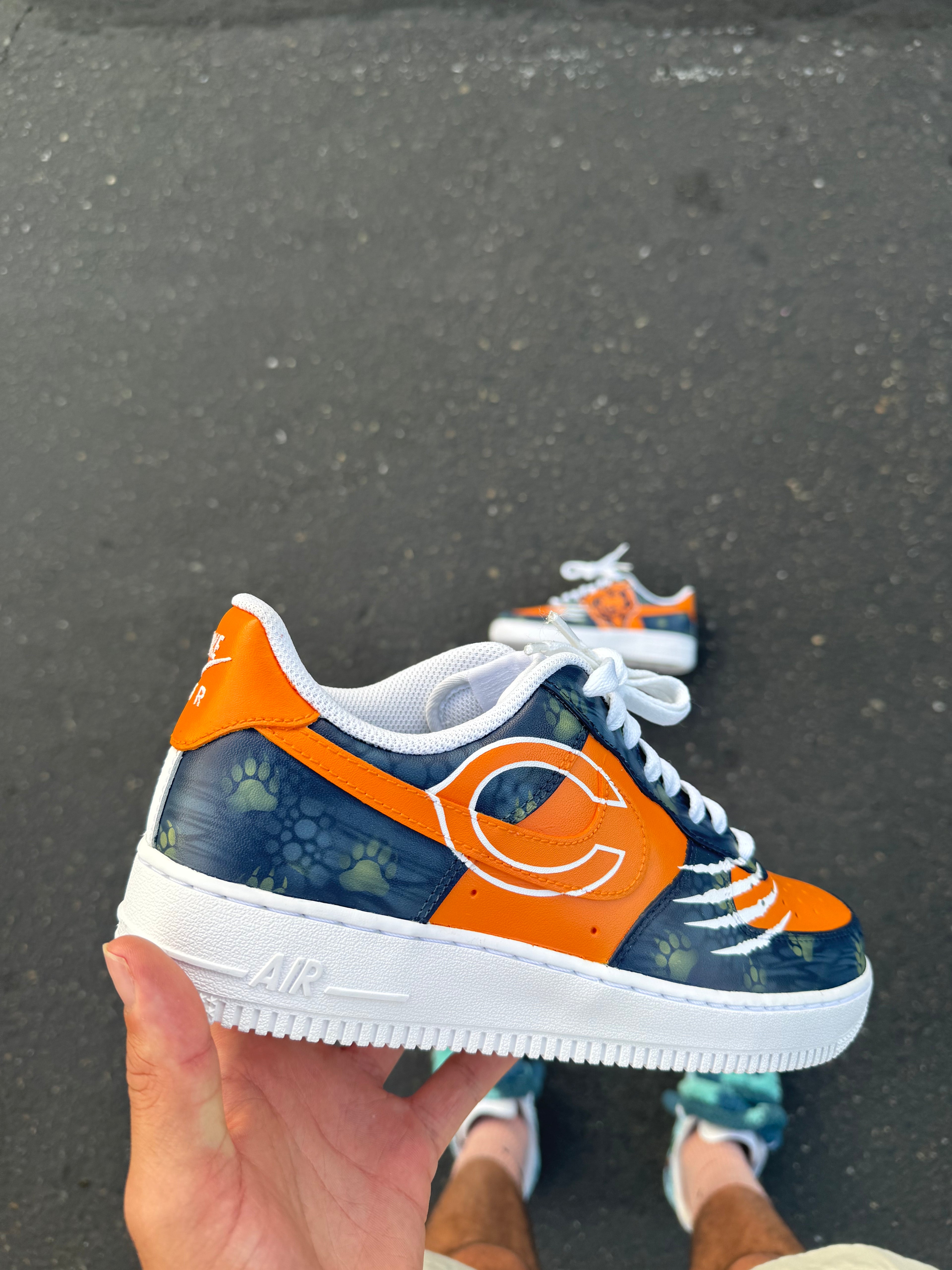 Orange & Navy Custom Football-Inspired Sneakers | Hand Painted Athletic Art Shoes | Vees Customs Kicks