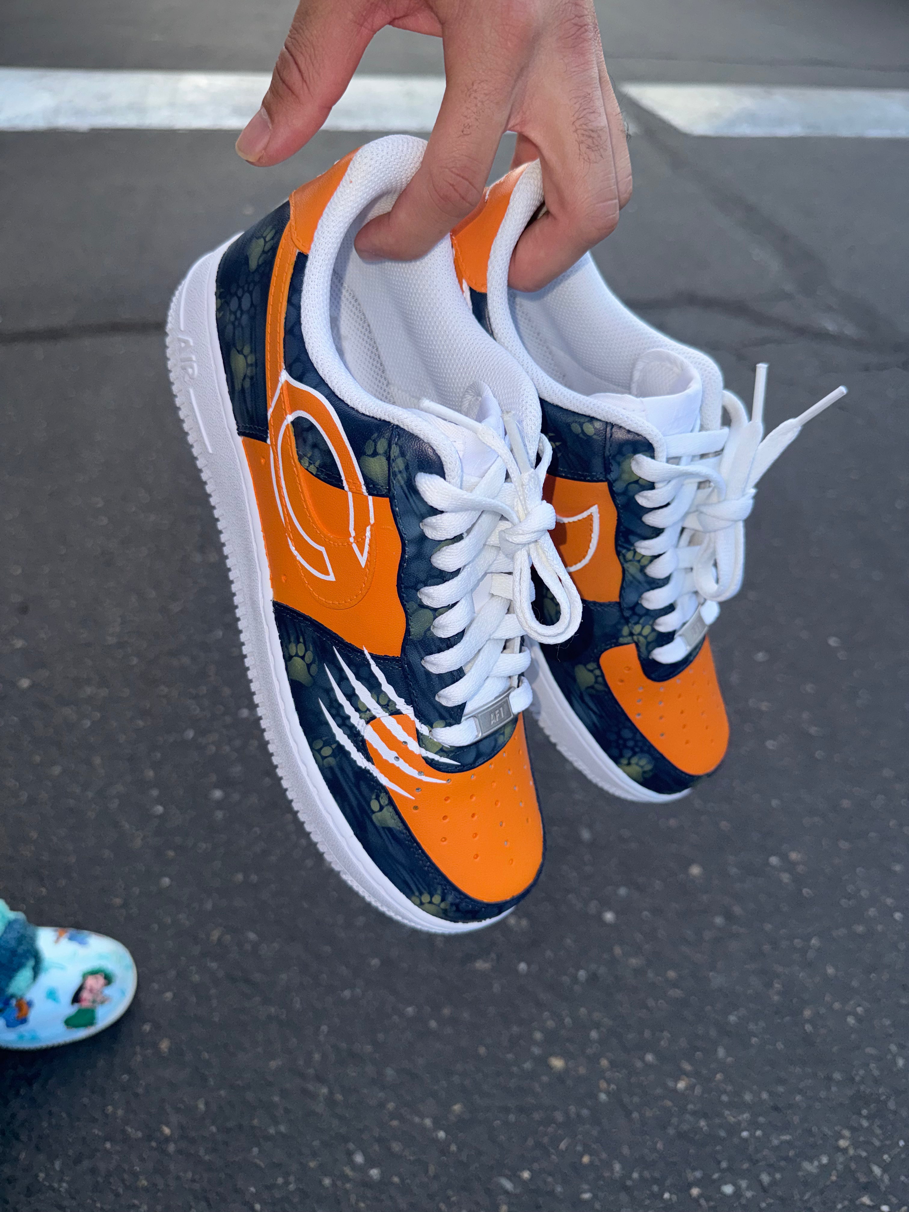 Orange & Navy Custom Football-Inspired Sneakers | Hand Painted Athletic Art Shoes | Vees Customs Kicks