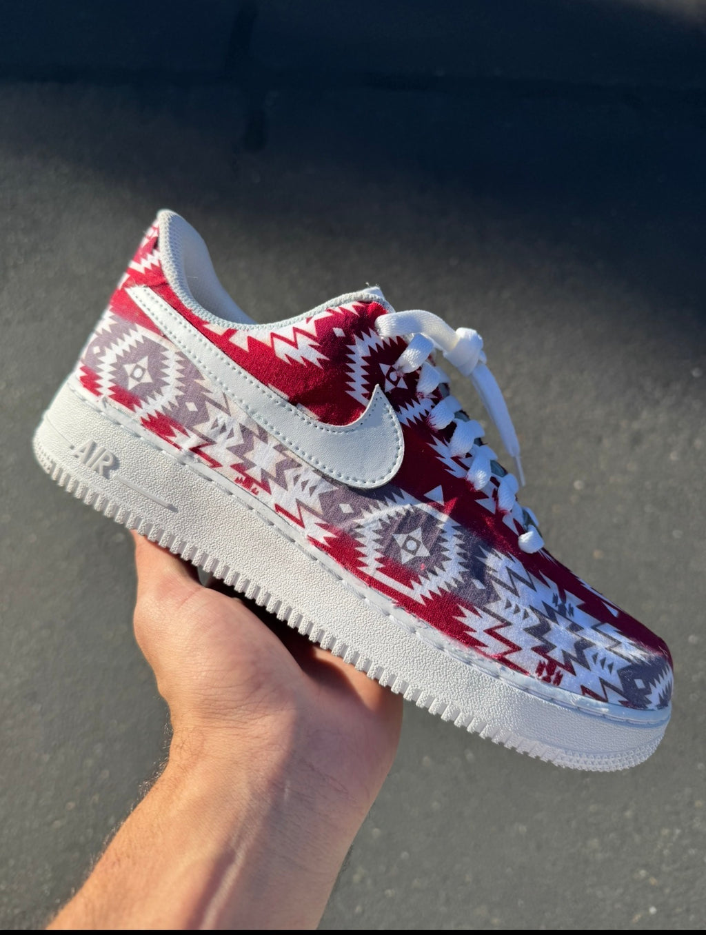 Red Southwestern Pattern Custom Sneakers | Hand Painted Geometric Art Shoes | Vees Customs Kicks
