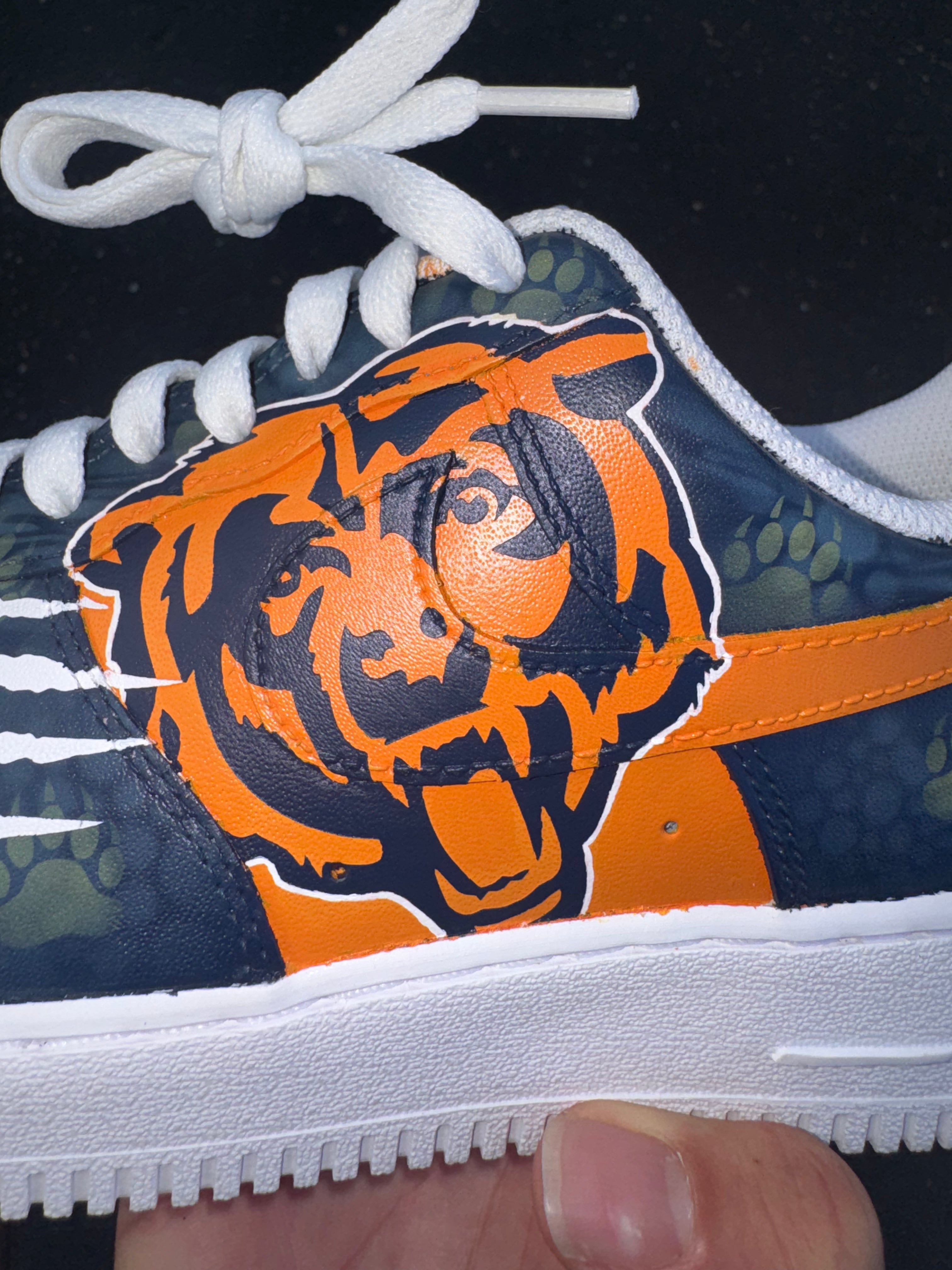 Orange & Navy Custom Football-Inspired Sneakers | Hand Painted Athletic Art Shoes | Vees Customs Kicks