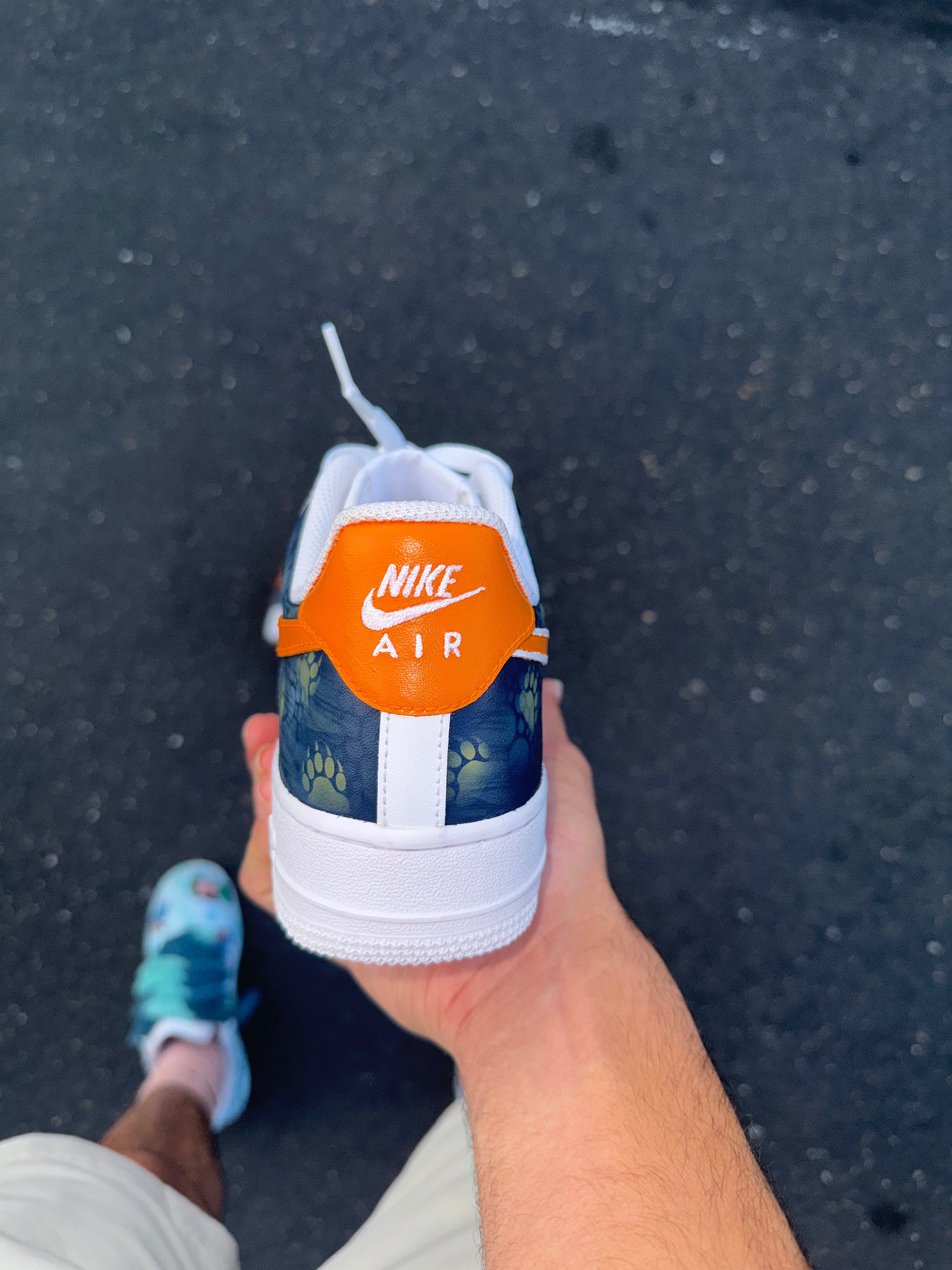 Orange & Navy Custom Football-Inspired Sneakers | Hand Painted Athletic Art Shoes | Vees Customs Kicks