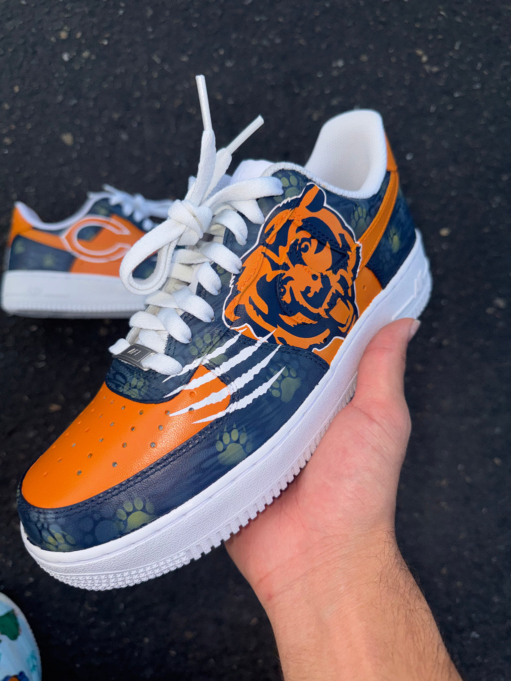 Orange & Navy Custom Football-Inspired Sneakers | Hand Painted Athletic Art Shoes | Vees Customs Kicks