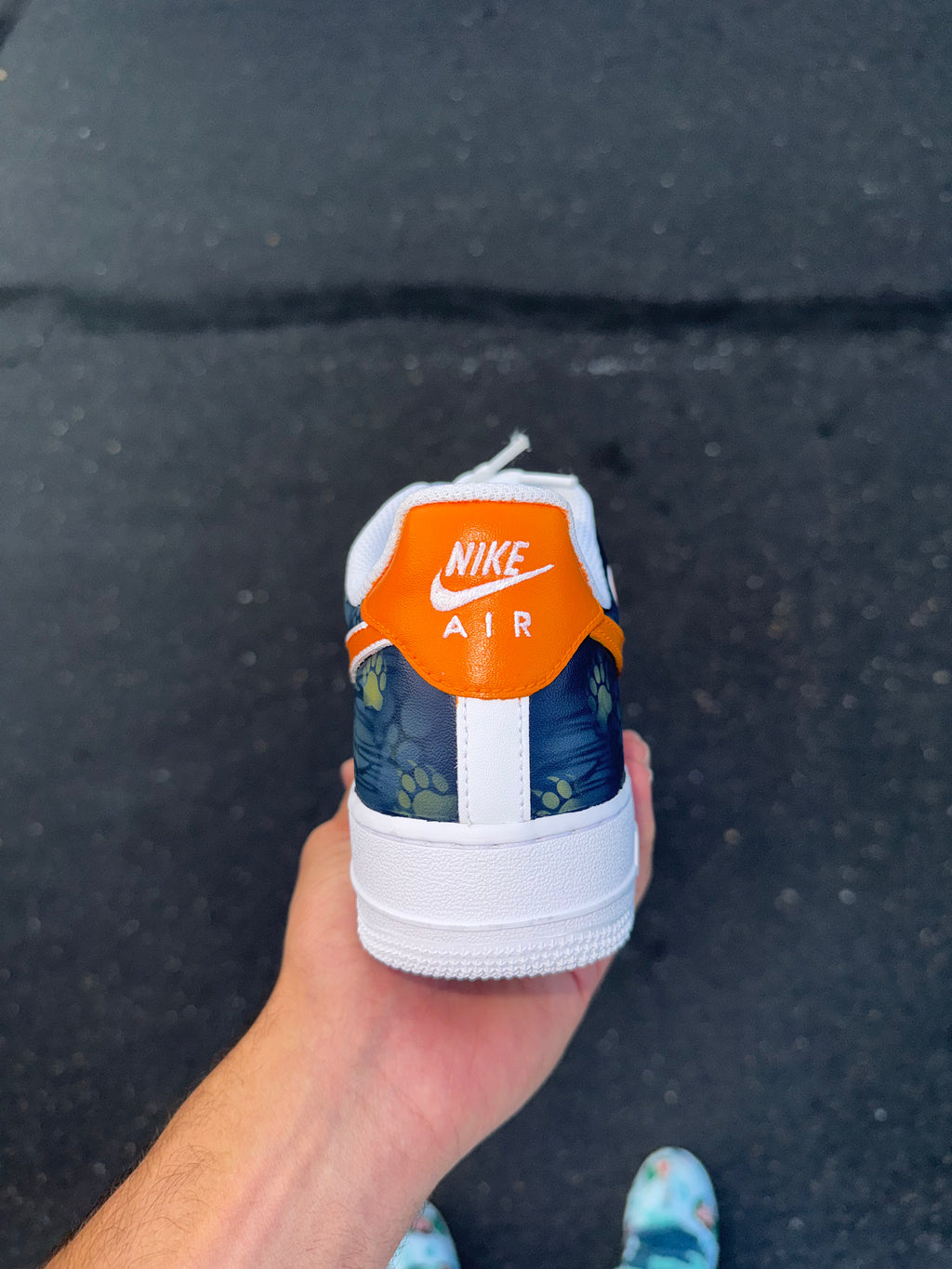 Orange & Navy Custom Football-Inspired Sneakers | Hand Painted Athletic Art Shoes | Vees Customs Kicks