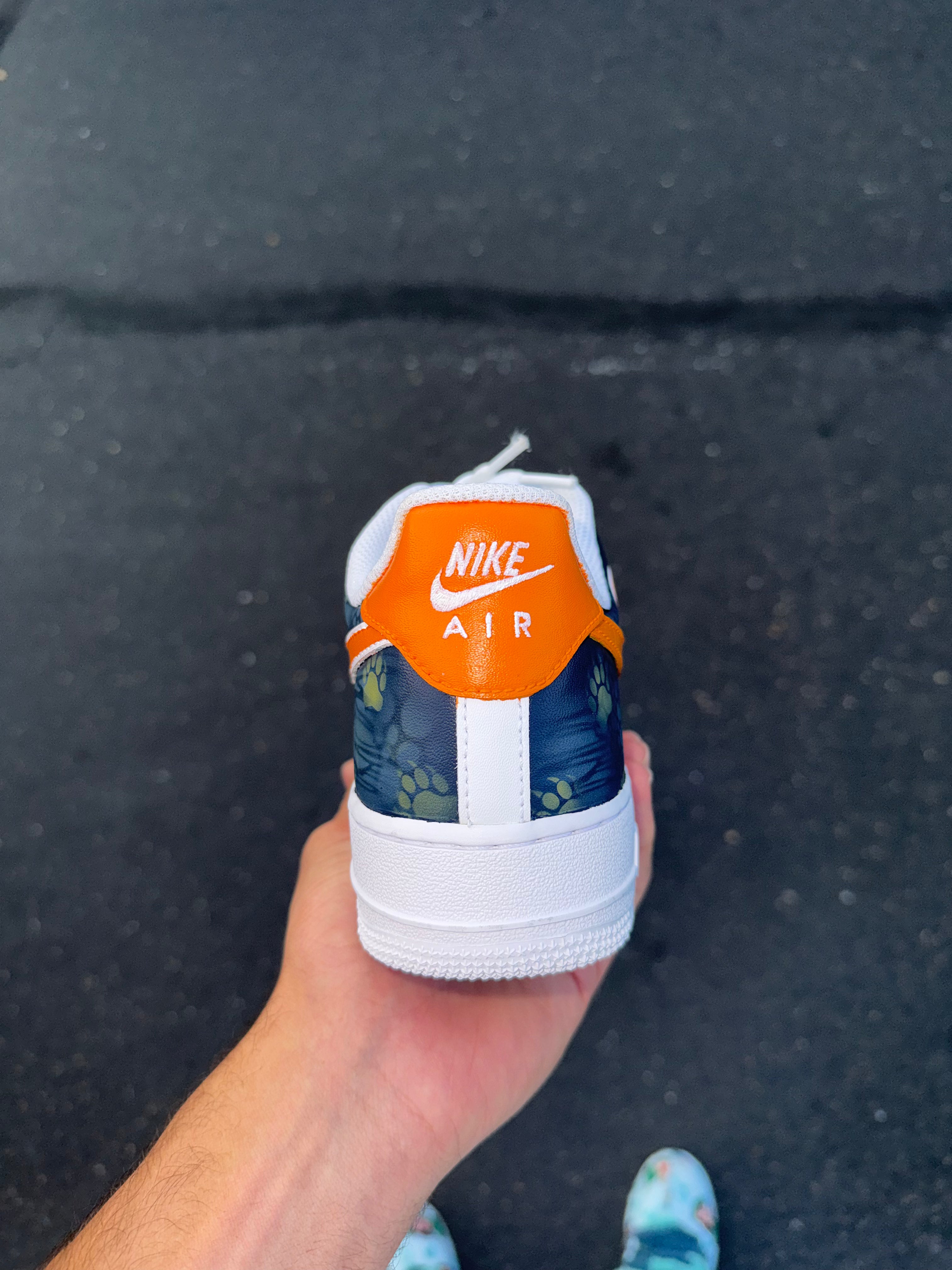 Orange & Navy Custom Football-Inspired Sneakers | Hand Painted Athletic Art Shoes | Vees Customs Kicks