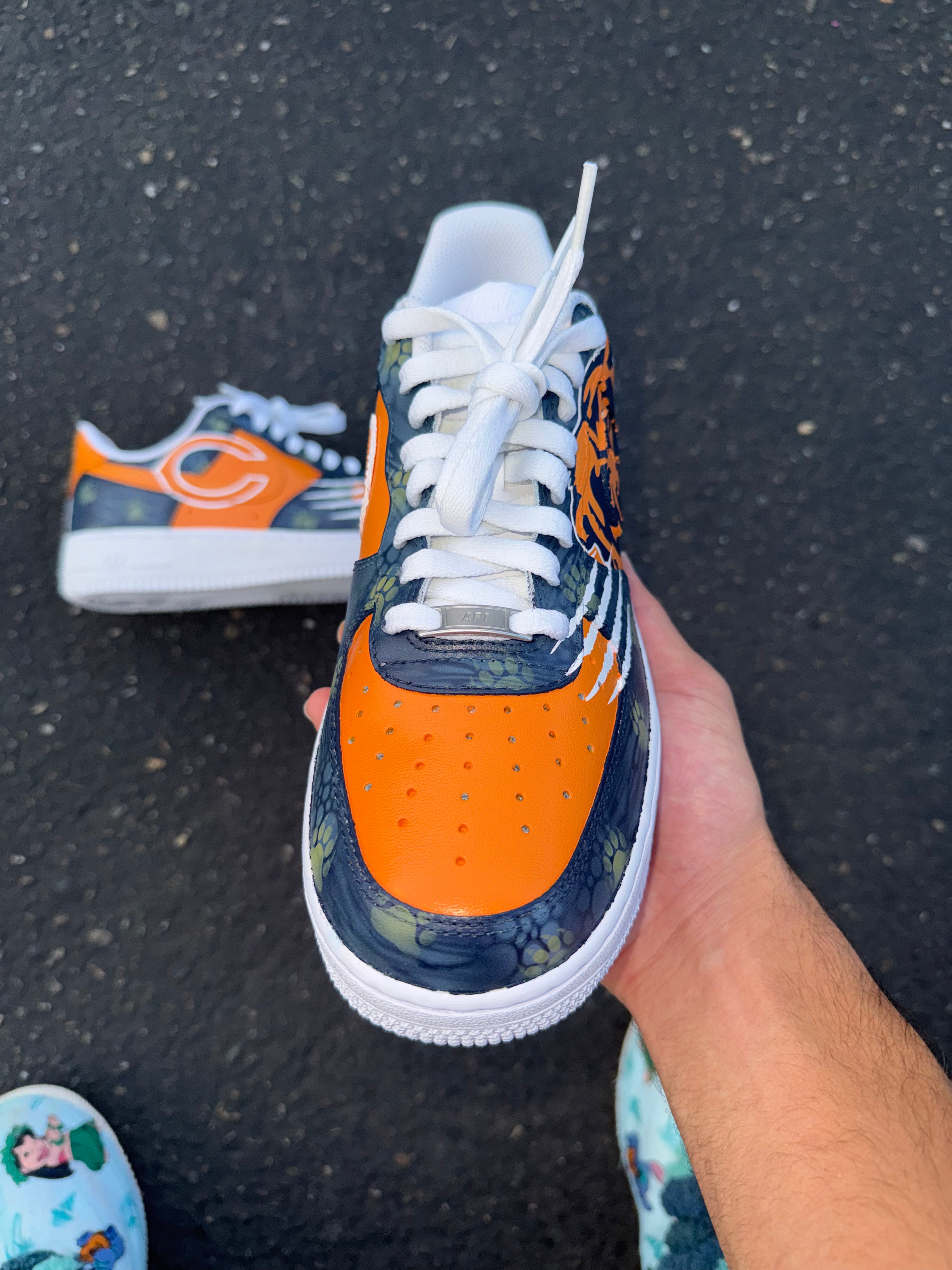 Orange & Navy Custom Football-Inspired Sneakers | Hand Painted Athletic Art Shoes | Vees Customs Kicks