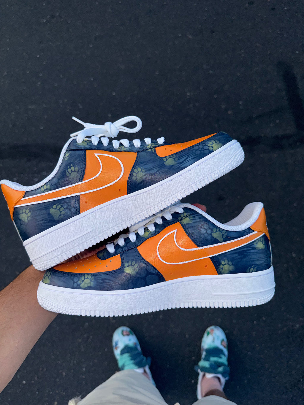 Orange & Navy Custom Football-Inspired Sneakers | Hand Painted Athletic Art Shoes | Vees Customs Kicks